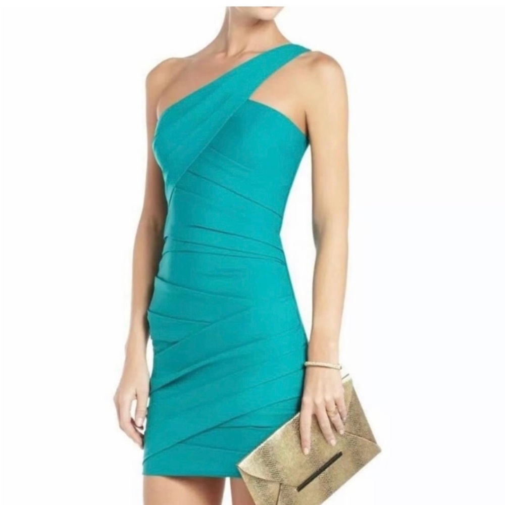 BCBGMAXAZRIA SEA GREEN VERSA ONE-SHOULDER BODYCON COCKTAIL DRESS